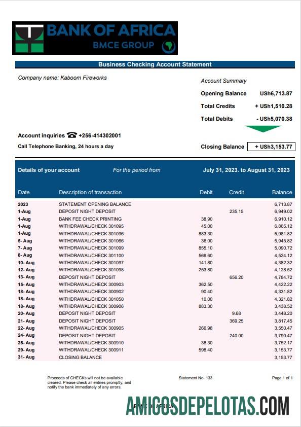Em branco Extrato de conta empresarial do Bank Of Africa modelo Word e PDF